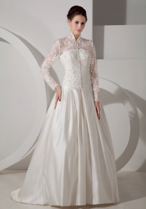 Lace Sleeves Button High-neck Brush Train Wedding Dress
