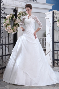 Lace Sleeves V Neck Layers Ball Gown Wedding Dress
