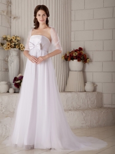A-line Strapless Brush Train Tulle Bow Wedding Dress With Shawl