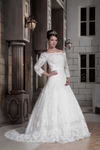 Off The Shoulder Court Train Lace Wedding Dress Long Sleeves