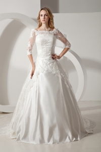 Scoop Lace Sleeves Chapel Train Wedding Dress