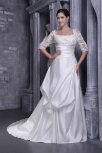 Square Neck Laces Sleeves Wedding Dress Chaple Train