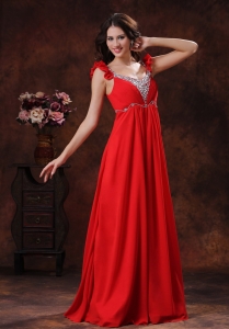 Beaded Empire Red Chiffon Prom Dress With Straps