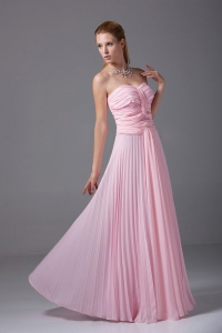 Beading and Ruching Baby Pink Chiffon Floor-length Prom Dress