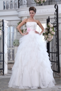 A-line Strapless Ruffles Tulle Beading Flower Wedding Dress