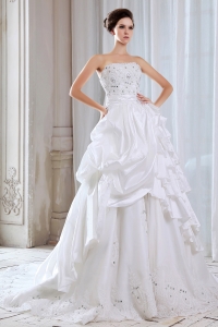 A-line Strapless Chapel TrainTaffeta Lace Beading Wedding Dress