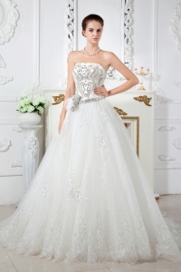 A-line Strapless Court Train Tulle Beading Wedding Dress