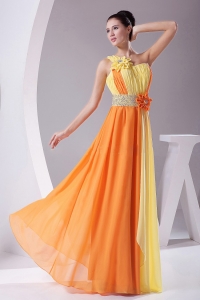 Flowers With Beading Prom Dress Ruching Orange and Yellow