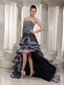 High-Low Strapless Flowers Beaded Black Prom Dress In 2013