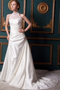 High-neck Wedding Dress Chapel Train Taffeta Lace