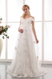 Off The Shoulder Court Train Tulle Flowers Maternity Wedding Gown
