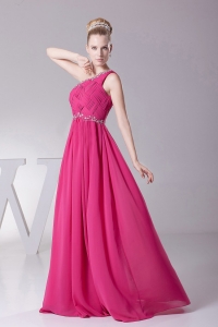 One Shoulder Ruching Hot Pink Prom Dress With Beading