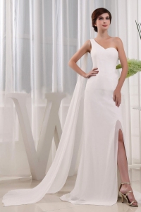 High Slit Column Wedding Dress One Shoulder Beading