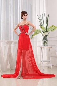 Red Prom Dress Sweetheart Brush Train Beading High-low
