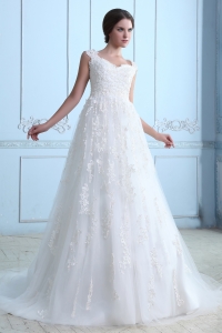 Lace Wedding Dress Vintage A-line V-neck Court Train Tulle