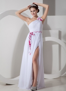White One Shoulder Floor-length Chiffon Sash Prom Dress Slit