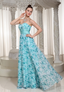 Aqua Blue Sash Printed Sweetheart Prom Dress
