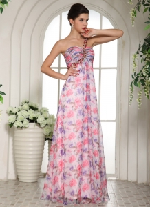 Beaded Decorate One Shoulder Printing Chiffon Prom Dress For Custom Made