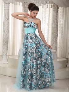 Prom Dress Printed Aqua Sash Sweetheart Tulle