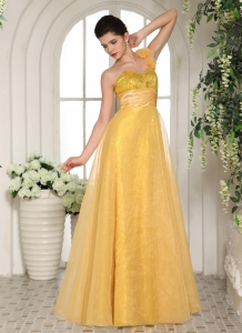 Sequins Tulle Yellow Prom Dress One Shoulder Sash