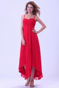Coral Red Prom Dress Straps Ankle Length Ruch Chiffon