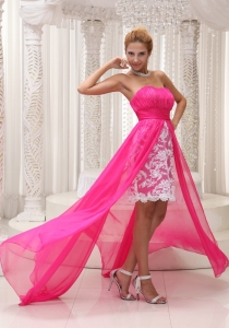 Hot Pink Lace Strapless Prom Dress High Low Prom Dress