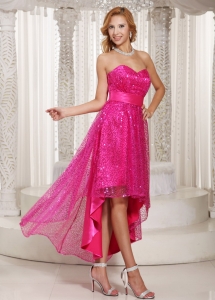 Hot Pink Sequin Cocktail Dress High Low Style Sash