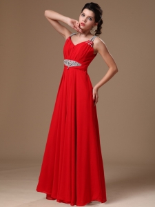Floor Length 2013 Prom Dress Red Beading V Neck