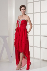 Coral Red High Low Chiffon Beading Prom Dress