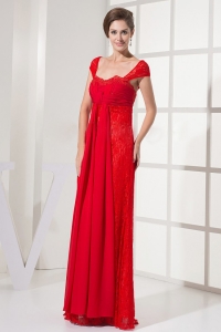 Lace Evening Dress Square Neck Cap Sleeves Red