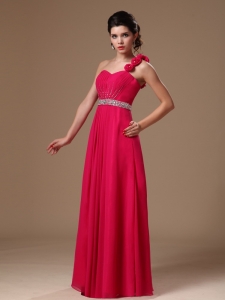 Rose Pink One Shoulder Prom Dress Handmade Flowers