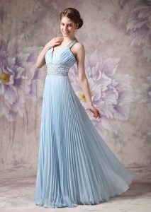 Sky Blue Pleated Halter Top Beading Prom Dress Chiffon