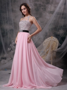 Baby Pink One Shoulder Brush Train Beading Prom Dress