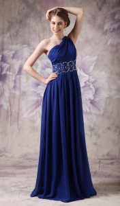 Pleated Prom Dress One Shoulder Beading Waist Brush Train