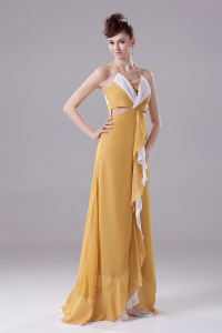Gold Prom Dress With Halter Ruch adn Brush Train