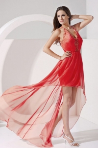 Red Open Back Chiffon V Neck High Low Prom Dress