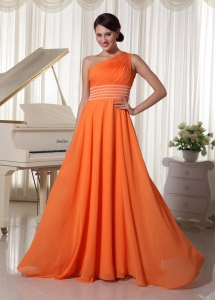 One Shoulder Prom Dress Ruch and Beaded t Brush Train