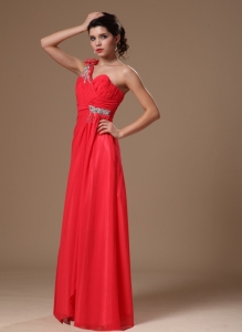 Coral Red One Shoulder Floor-length Beaded Prom Dress