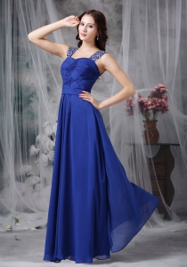 Straps Royal Blue Evening Dress Cross Over Ruches Chiffon