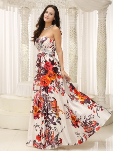 Printed Strapless Floor Length Beading Prom Dress