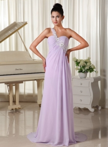 Applique One Shoulder Lilac Brush Train 2013 Prom Dress