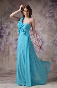 Aqua Blue One Shoulder Floor-length Ruch Prom Dress