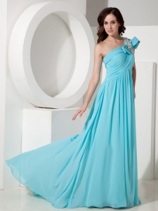 Aqua Empire One Shoulder Court Train Beading Prom Dress