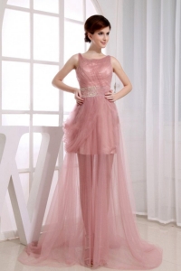 Beaded Scoop Prom Dress Court Train Pink Tulle A-Line