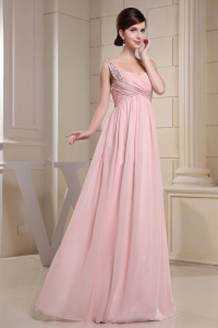 Beaded One Shoulder Ruched Bodice Baby Pink Prom Dress