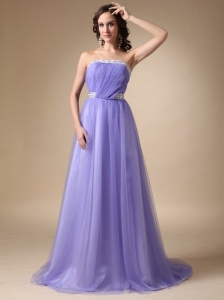 Lilac A-line Strapless Brush Train Prom Dress Beaded