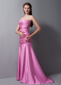 Rose Pink Mermaid Strapless Brush Train Ruch Prom Dress