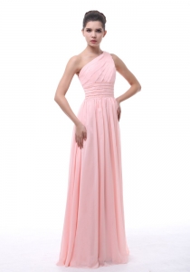 Ruched Baby Pink One Shoulder Floor length Prom Dress