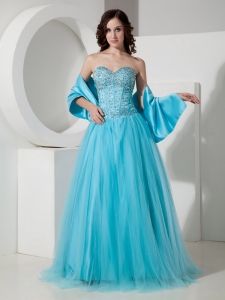 Turquoise Sweetheart Floor-length Tulle Prom Dress