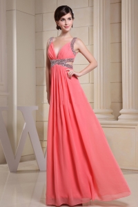 V-neck Watermelon Prom Dress Floor-length beaded